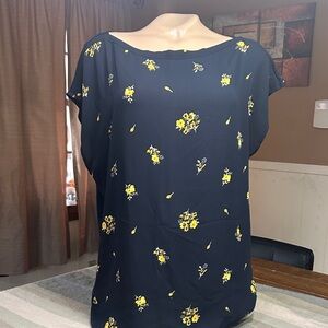 Loft Navy Floral Blouse with Yellow Blossom Print